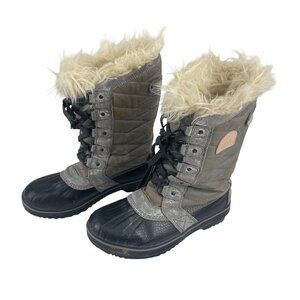 Sorel Snow Boots With Faux Fur Lining Quilted Womens Size 4 Gray & Black Winter